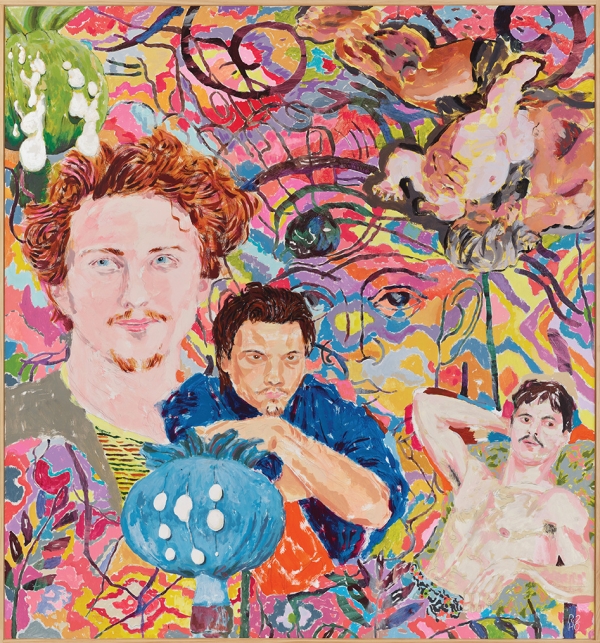 Eine Malerei von Richard Hawkins mit drei
                                          Figuren vor abstrakt buntem Hintergrund