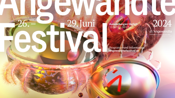 Das Bild
                                                   zeigt bunte Objekte und abstrakte Augen mit stachelartigen Wimpern, die in unterschiedliche Richtungen schauen. Text: Angewandte
                                                   Festival 2024, Universität für angewandte Kunst Wien, Oskar-Kokoschka-Platz 2, 1010 Wien, 26.6. bis 29.6.2024.