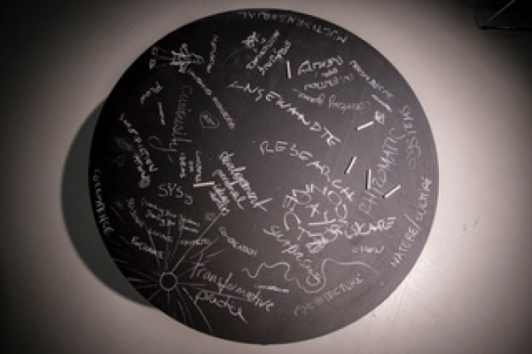 Eine dunkle runde Kreidetafel mit Wörtern und Zeichnungen darauf