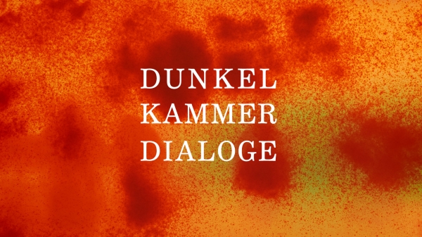 Exhibition poster, title Dunkelkammerdialoge
                                          is written on an orange-red background