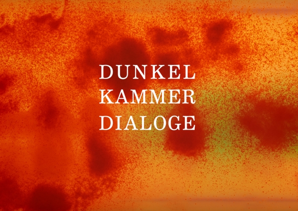 Ausstellungsplakat, Schriftzug Dunkelkammerdialoge
                                          auf orange-roten Hintergrund