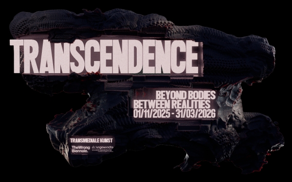 Exhibition poster, Transcendence is written on a black abstract object