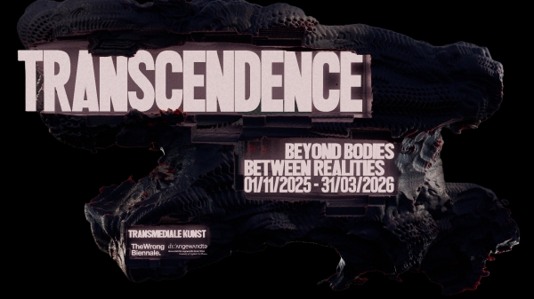 Exhibition poster, Transcendence is written on a black abstract object