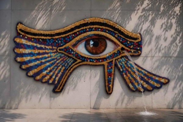 Ägyptisches Auge als kunstvolle Installation an einer Mauer