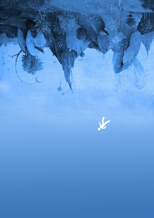 Ein umgekehrtes Bild einer schwarzen Landschaft vor blauem Hintergrund: Der Himmel ist unten, die Landschaft oben.
                                          Eine Figur fällt in den Himmel.