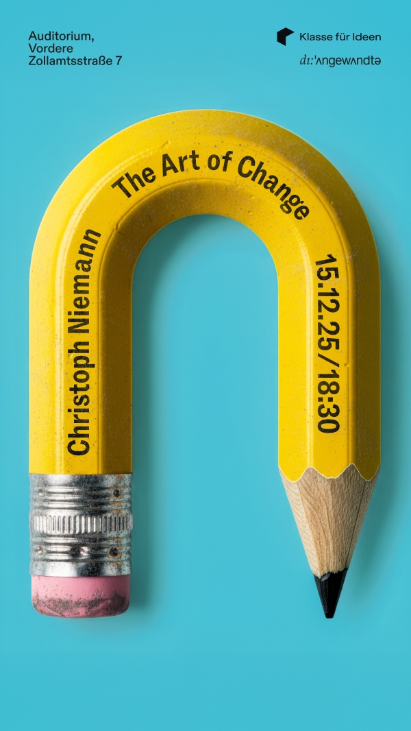 Das
                                          Veranstaltungsplakat Christoph Niemann The Art of Change zeigt einem gelben Stift auf blauem Hintergrund