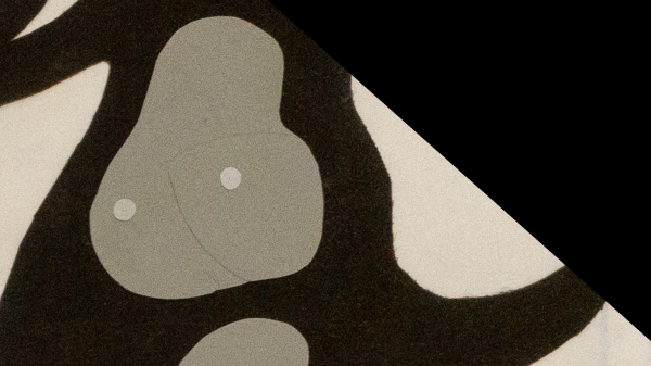 Exhibition poster with information, the motif consists of abstract,
                                          round forms in black, grey and beige.