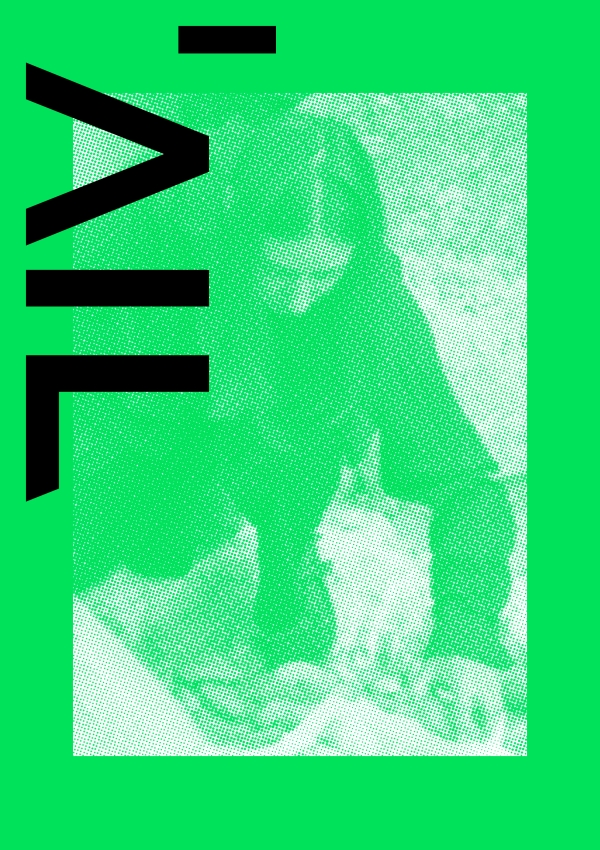 Grünes Poster
                                          des AILS, Foto einer am Boden knienden Person