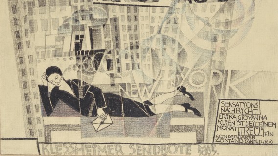 Zeichnung einer liegenden Frau. Sie raucht und hat einen geschlossenen Brief in der Hand. Unterschrift: Klessheimer
                           Sendbote, Mai 1927. Text daneben: Sensationsnachricht: Erika Klien ist seit einem Monat treu. Ein sonderbarer Zustand (Anm.
                           d. Redaktion).